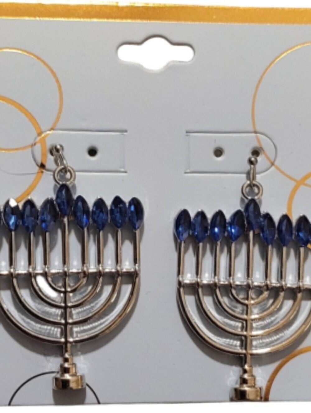 Silver Menorah Drop Earrings with Blue Crystal Accents - Picture 2 of 2
